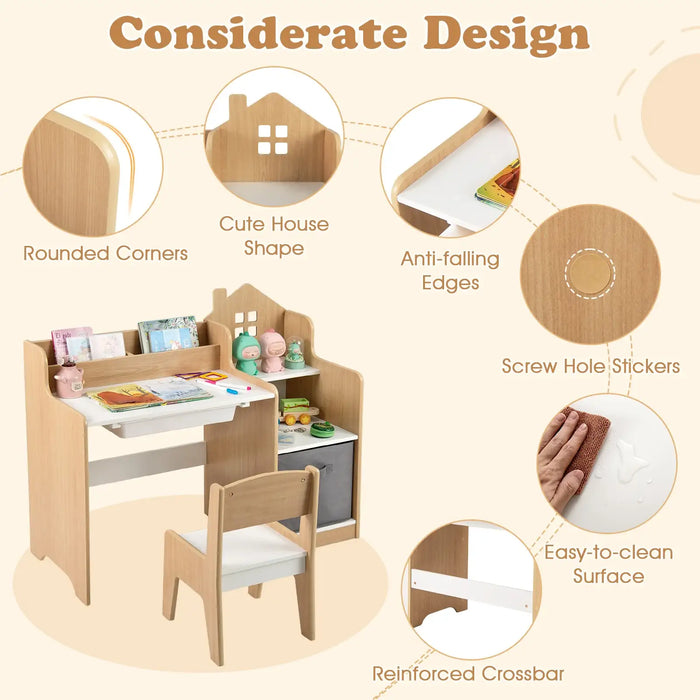 Kids Table and Chair Set | House-Shaped Desk with Multiple Storage - Little and Giant Explorers Costway