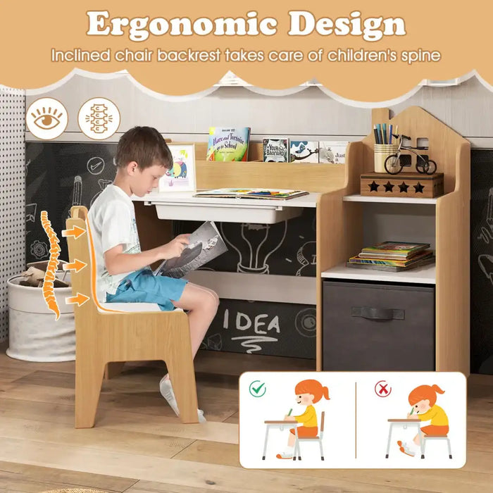 Kids Table and Chair Set | House-Shaped Desk with Multiple Storage - Little and Giant Explorers Costway