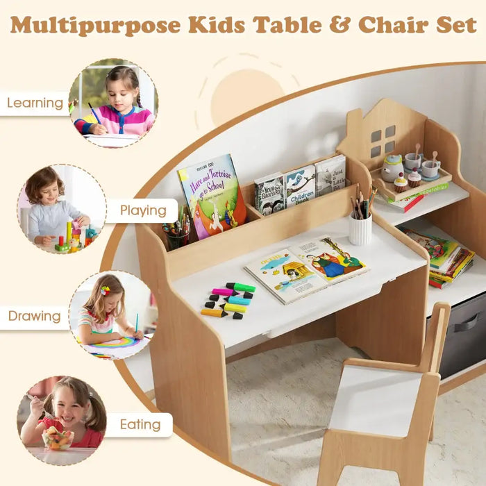 Kids Table and Chair Set | House-Shaped Desk with Multiple Storage - Little and Giant Explorers Costway