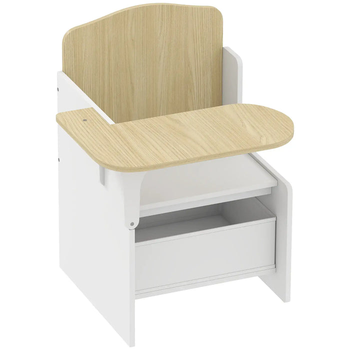 Children's desk with wooden top and white base on a white background