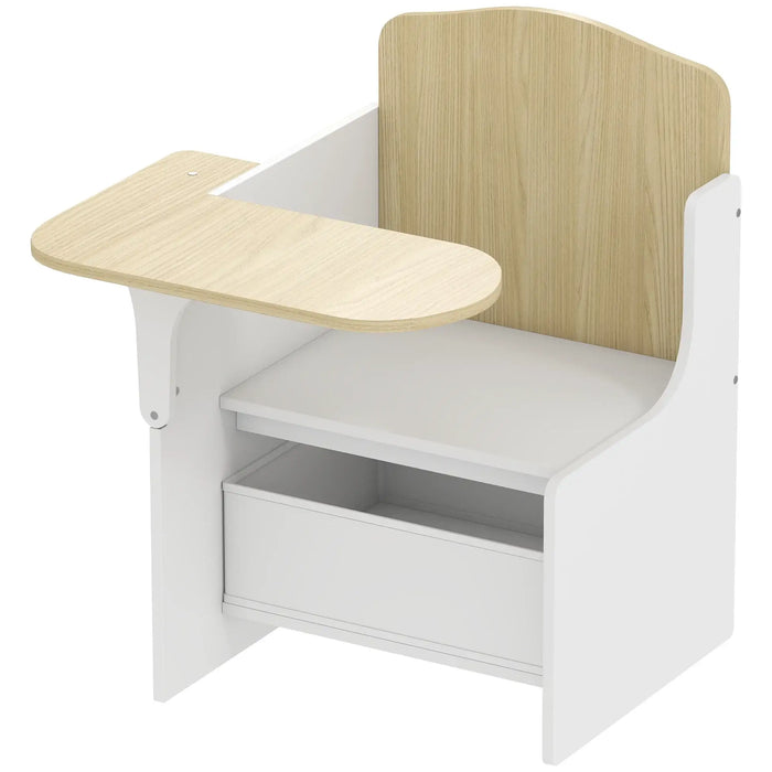 Children's desk with wooden top and white base on a white background