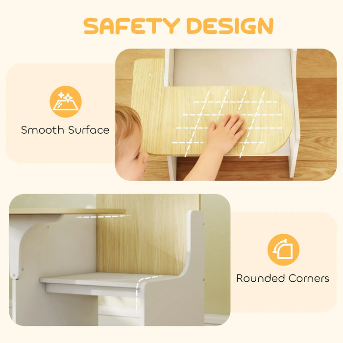 Safety design features of a children's desk with smooth surface and rounded corners.