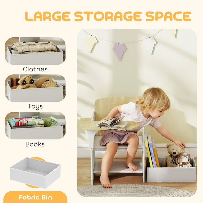 Children's storage unit with clothes, toys, books, and a fabric bin, featuring a child interacting with the items.