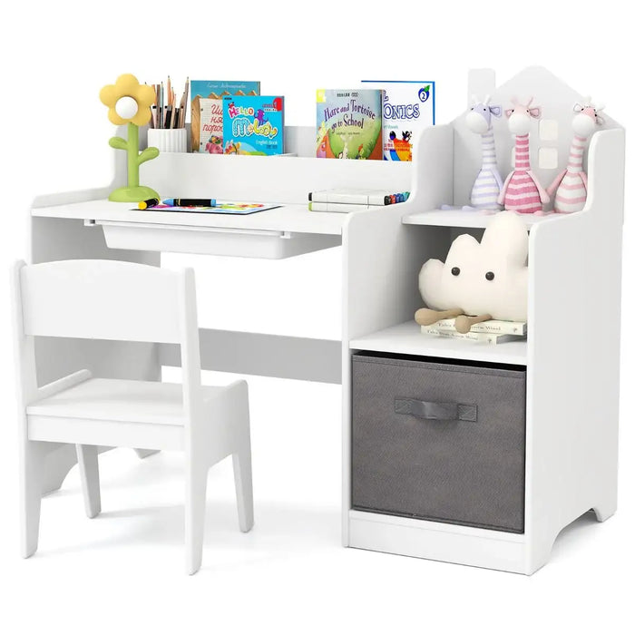 Children's desk with chair and storage bin on a white background