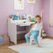 Child sitting on a white chair in a room with a purple wall and toys.