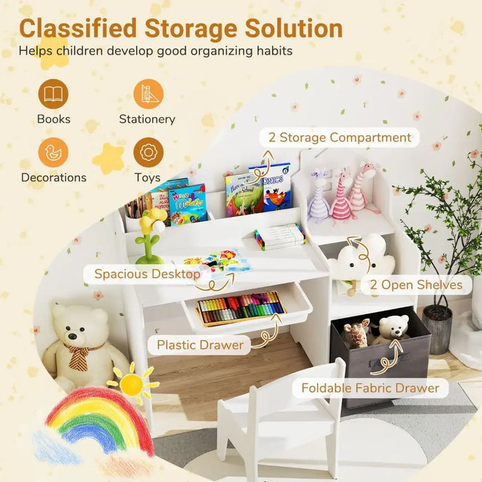 Children's desk with storage compartments and shelves, labeled features on a light yellow background.
