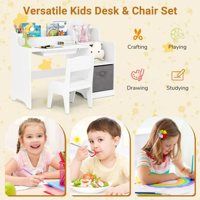 Children's desk and chair set with various activities depicted, including crafting, playing, drawing, and studying.
