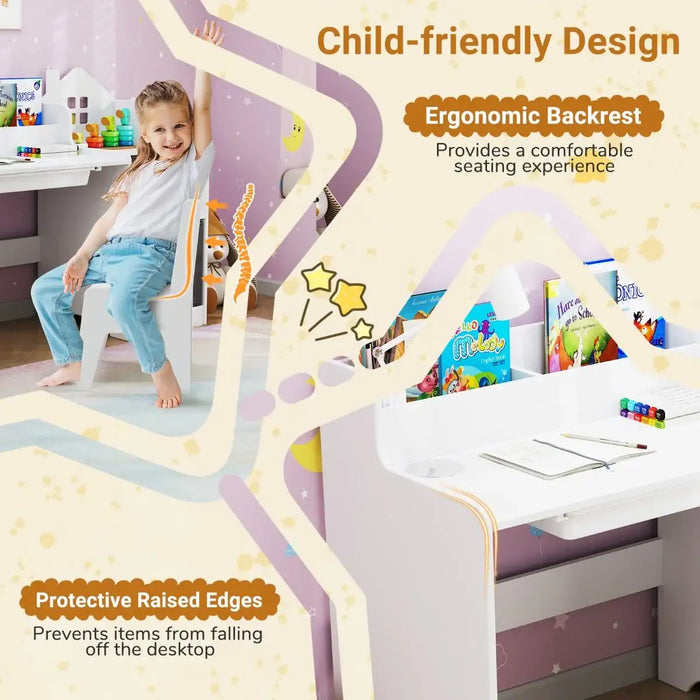 Children's desk with ergonomic design features and a child sitting at it.