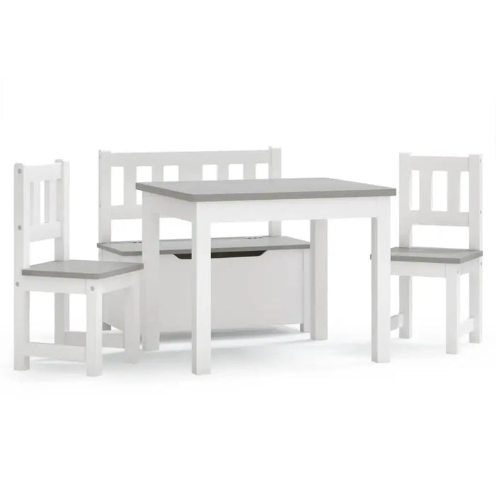 White and grey kids table and chair set with storage bench, modern children's furniture