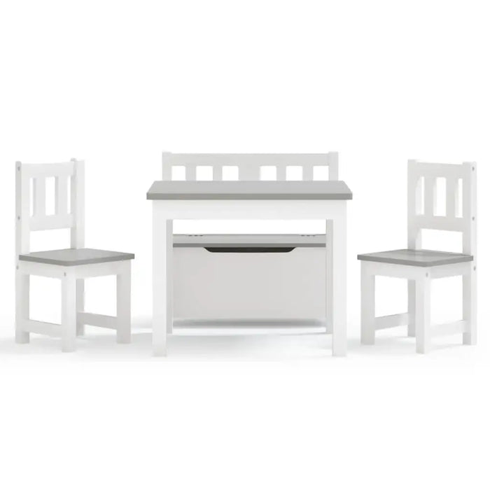 Kids white and grey table and chair set with storage bench, modern children's furniture