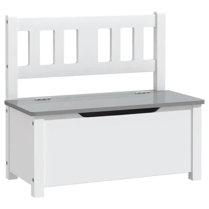White and grey kids storage bench with slatted backrest, modern children's furniture