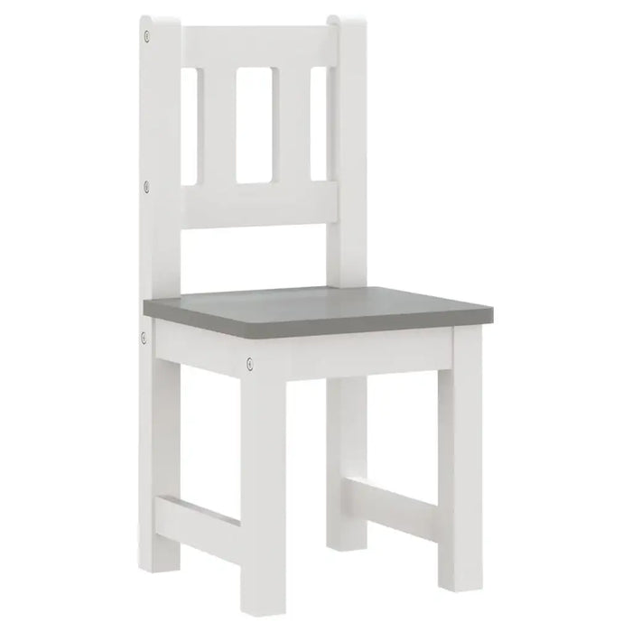 White and grey wooden kids chair with slatted back, part of table and chair set