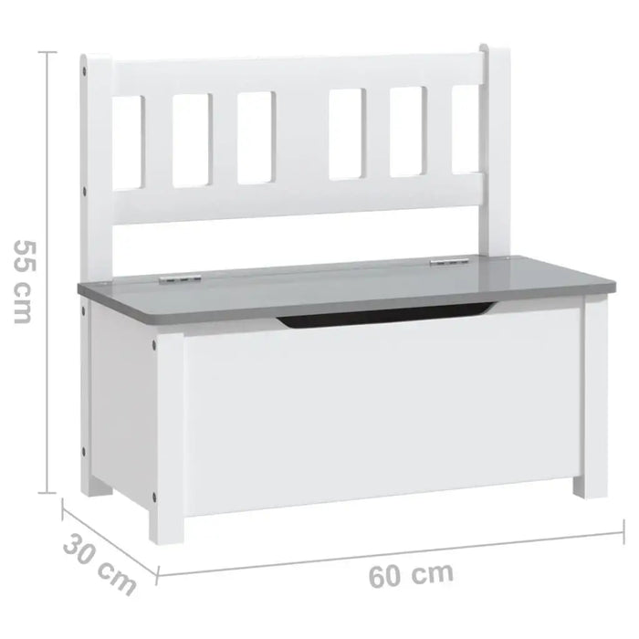 Kids storage bench white and grey, 60x30x55 cm, with backrest, modern design