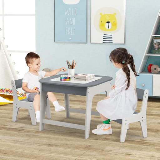 Kids Table and Chairs Set – Grey and Natural | Double-Sided Activity Table COSTWAY - Little and Giant Explorers Costway