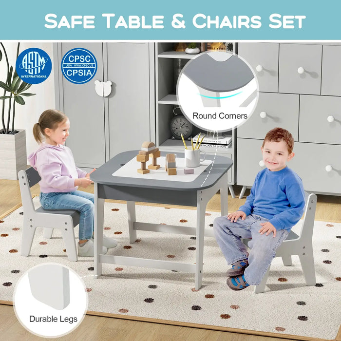 Kids Table and Chairs Set – Grey and Natural | Double-Sided Activity Table COSTWAY - Little and Giant Explorers Costway