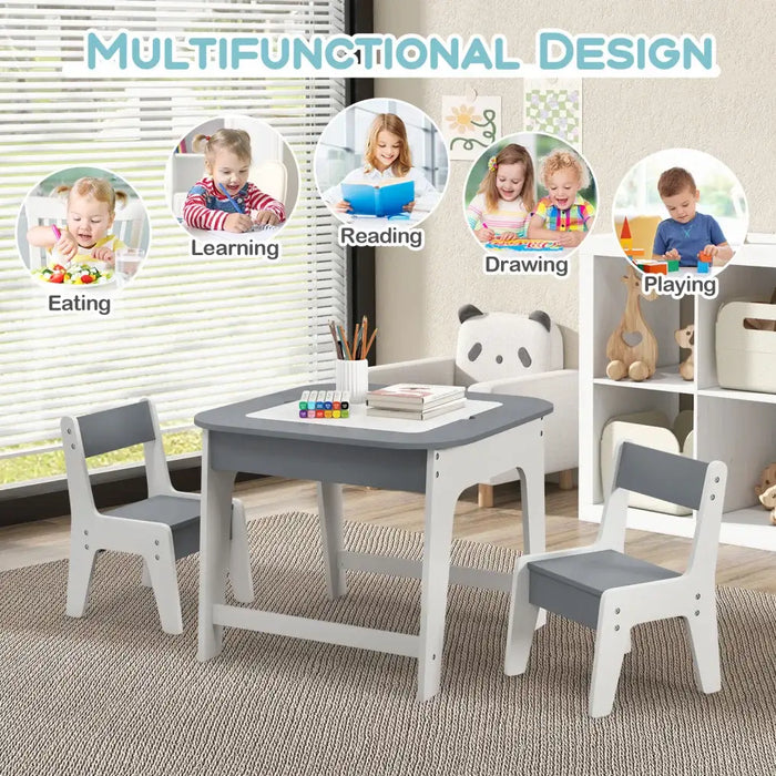 Kids Table and Chairs Set – Grey and Natural | Double-Sided Activity Table COSTWAY - Little and Giant Explorers Costway