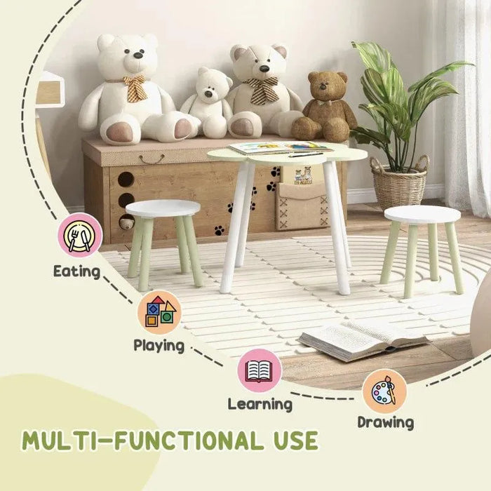 Kids green and white flower-shaped table and chairs set in cozy playroom with teddy bears.