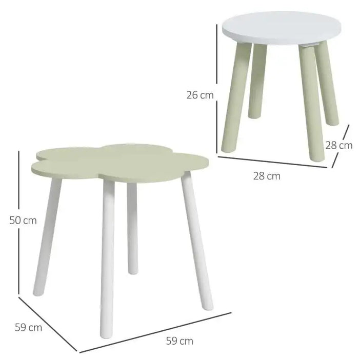 Kids table and chair set, green flower-shaped table with white chair, size dimensions shown