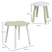 Kids table and chair set, green flower-shaped table with white chair, size dimensions shown