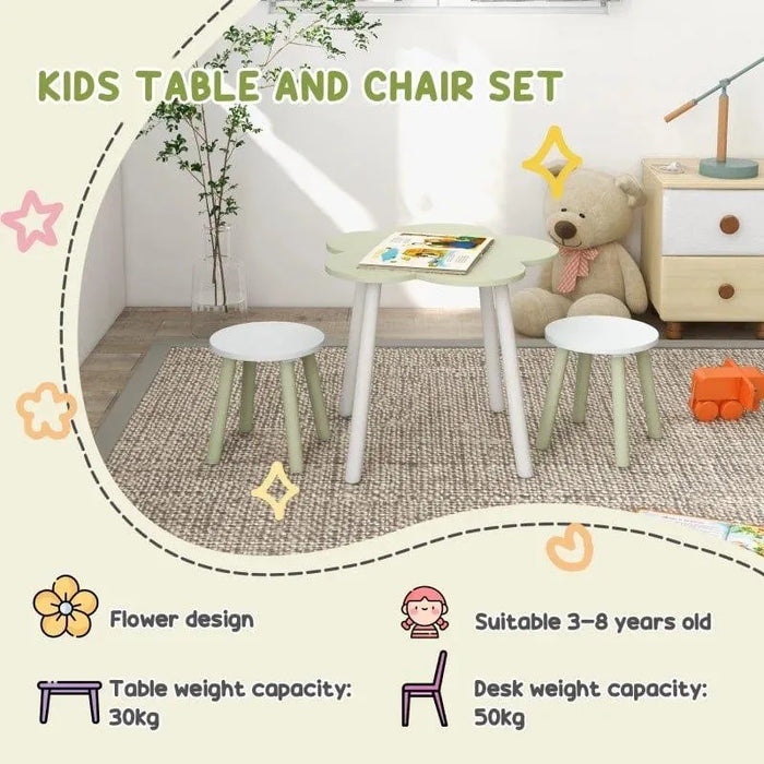 Green and white kids table and chair set with flower-shaped design in cozy playroom
