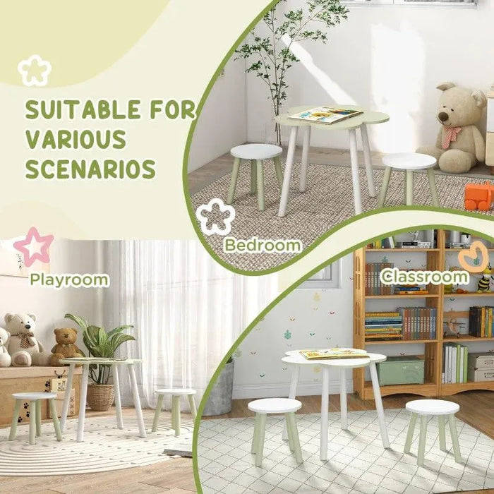 Green and white kids table and chair set with flower-shaped design in bedroom, playroom, and classroom settings.