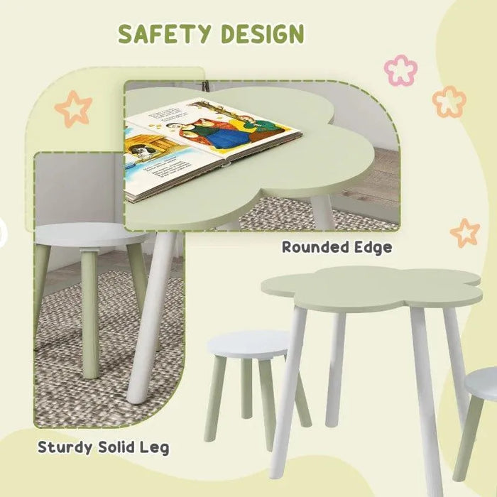 Green and white flower-shaped kids table and chair set with sturdy legs and rounded edges
