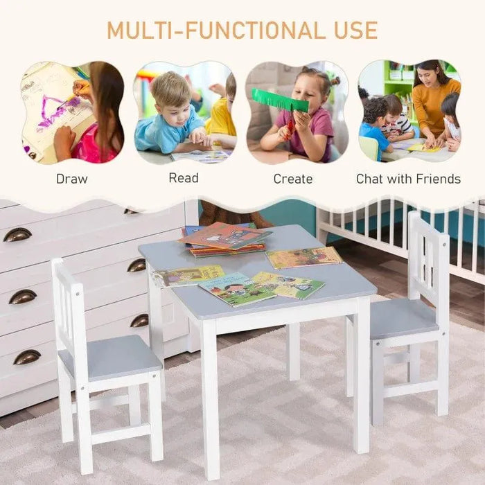 Kids grey and white table and chair set with books in a bright playroom, versatile for activities.