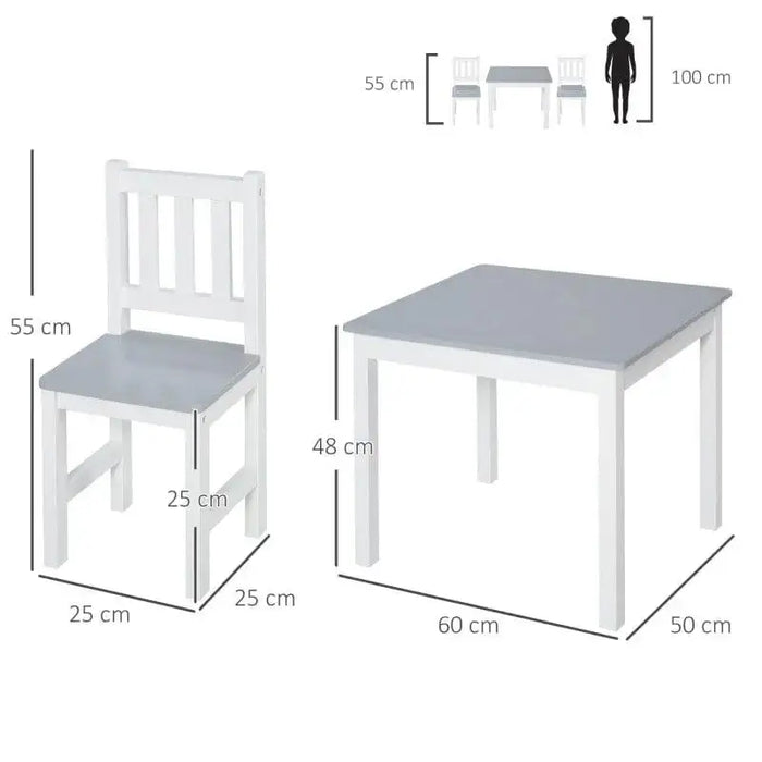 Grey and white kids table and chair set with measurements, wooden three-piece dining set.