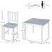 Grey and white kids table and chair set with measurements, wooden three-piece dining set.