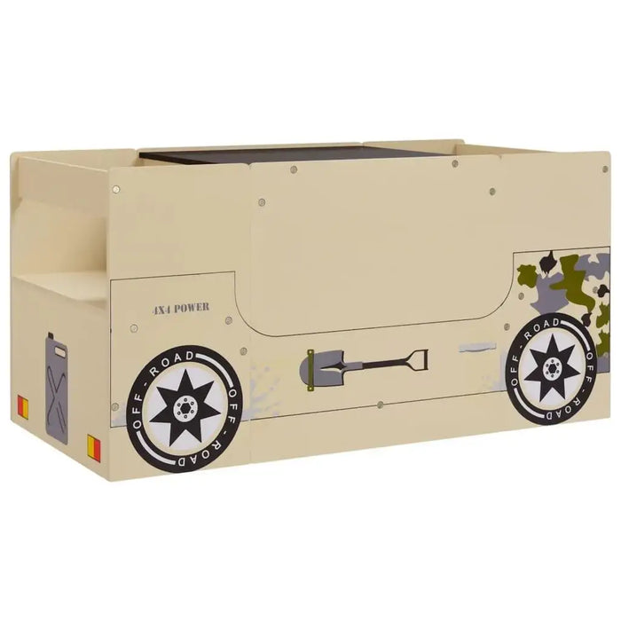 Kids table and chair set in off-road car design with blackboard top and storage, beige color.