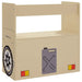 Beige kids storage bench with off-road car and gas can design, playful furniture piece