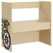 Beige kids table with off-road car design, camouflage side panel, and storage shelf.