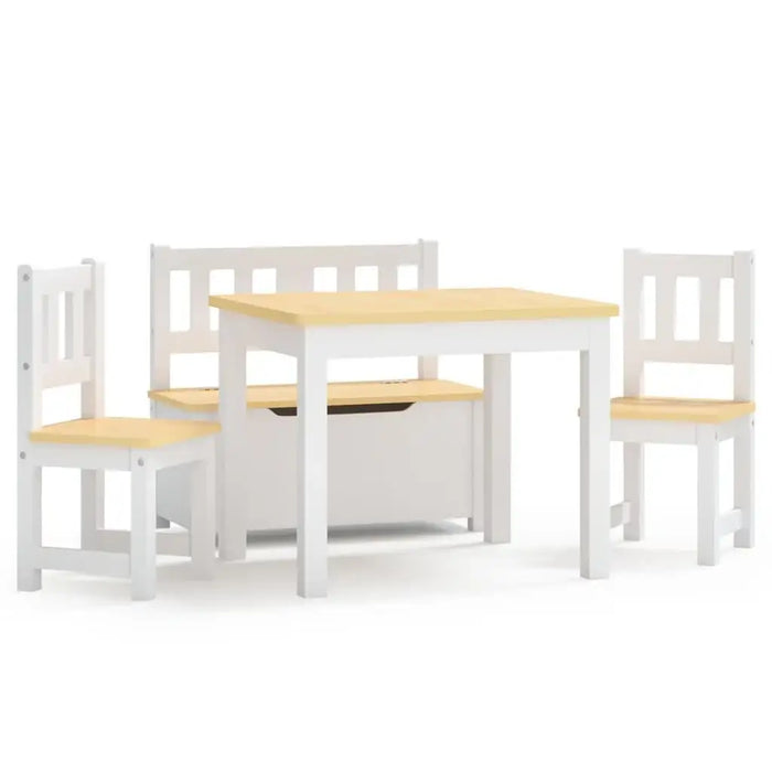 Kids white and beige table chair set with storage bench, four-piece furniture