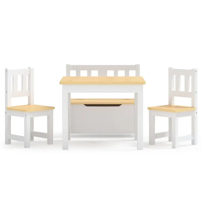White and beige kids table and chair set with storage bench, 4-piece, modern design