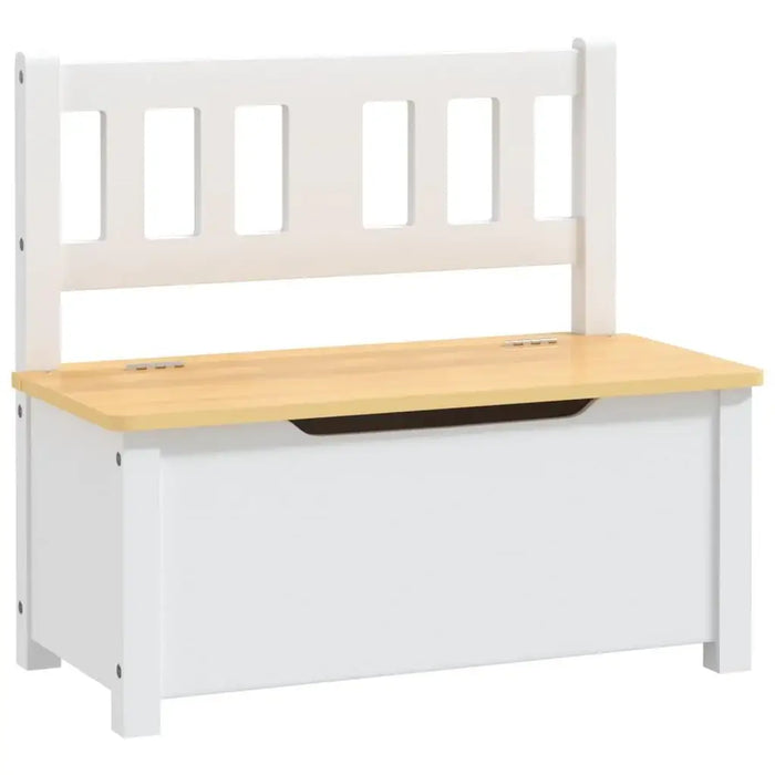 White and beige kids storage bench with backrest, modern wooden furniture