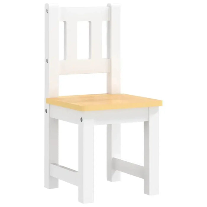 White wooden kids chair with natural beige seat on plain background