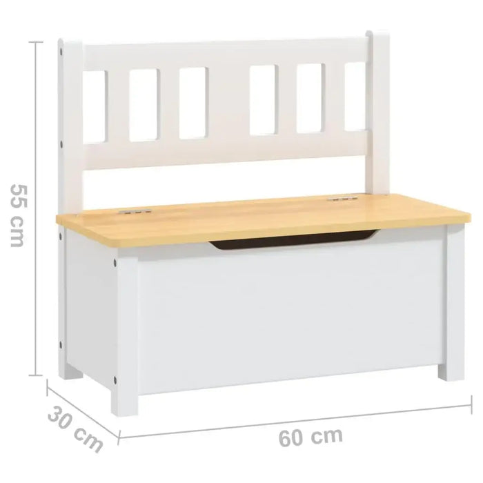 White and beige kids storage bench with backrest, measurements 55x60x30 cm, wooden seat