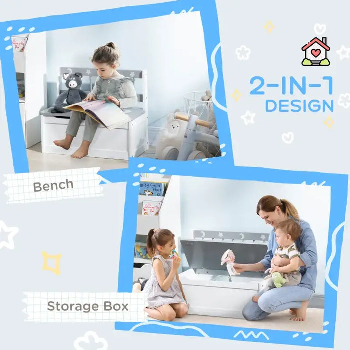 Kids Toy Storage Bench – White and Grey | Wooden Chest with Seat - Gas Stay Hinge ZONEKIZ - Little and Giant Explorers ZONEKIZ