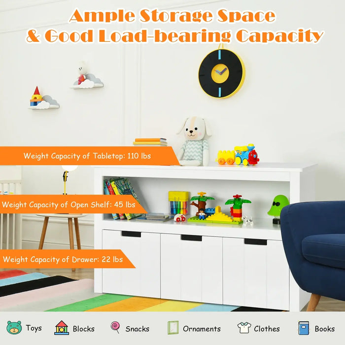 Kids Toy Storage Cabinet – White | Wooden Organiser - 3 Drawers and Open Shelf COSTWAY - Little and Giant Explorers Costway