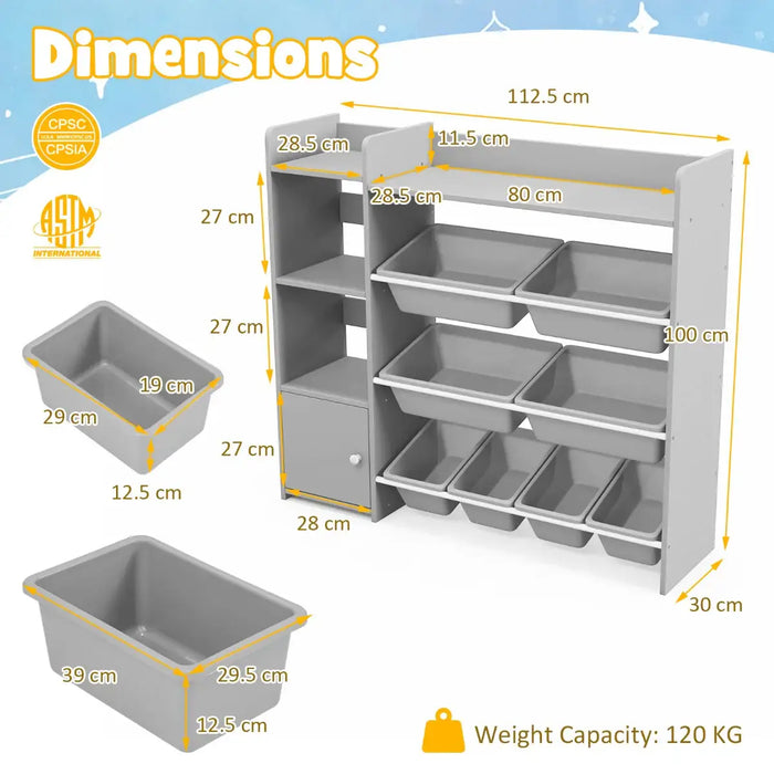 Kids Toy Storage Organiser – Grey | 8 Storage Bins with Shelves and Cabinet COSTWAY - Little and Giant Explorers