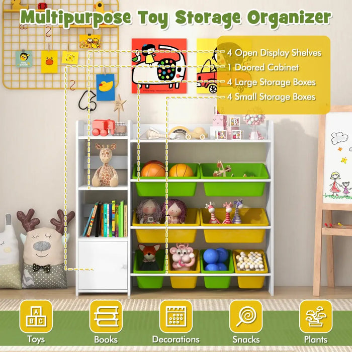 Kids Toy Storage Organiser | 4 Large Bins, 4 Small Bins, Side Shelves and Cabinet COSTWAY - Little and Giant Explorers Costway