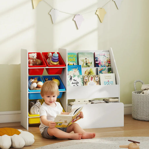 Child reading a book in a playroom with colorful storage bins and bookshelf.