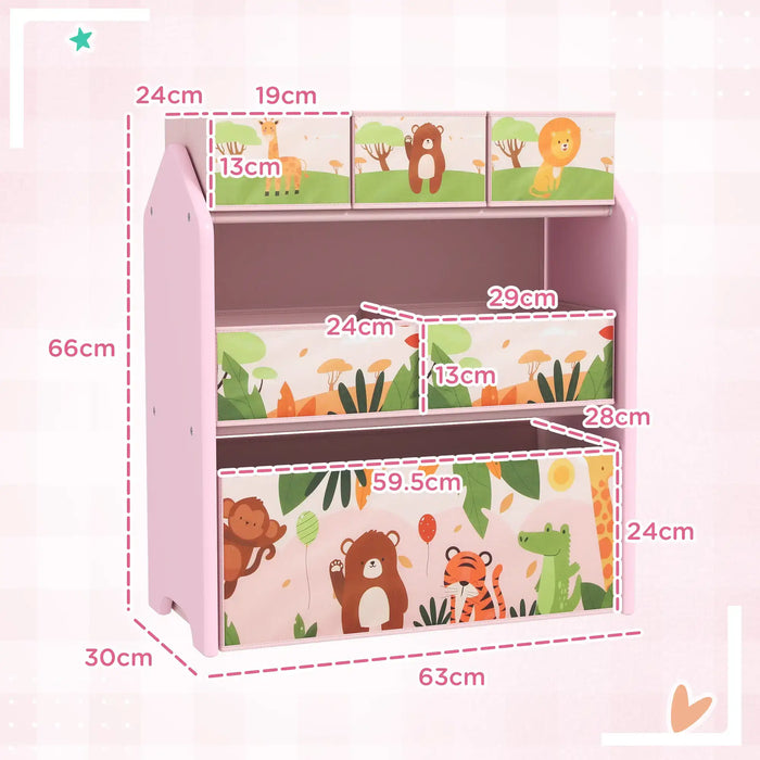 Kids Storage Unit | Pink with 6 Boxes and Cartoon Theme - Little and Giant Explorers AIYAPLAY