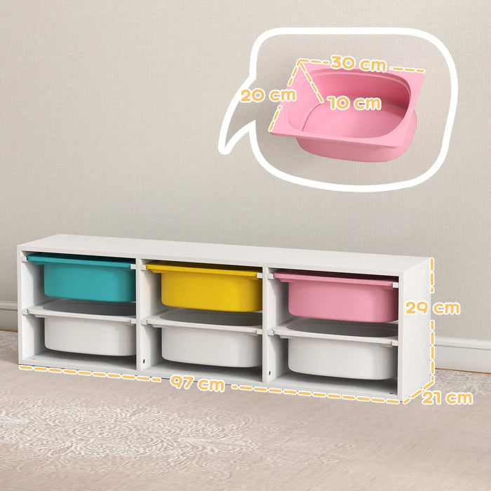 White storage unit with colorful bins and measurements on a neutral background