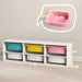 White storage unit with colorful bins and measurements on a neutral background