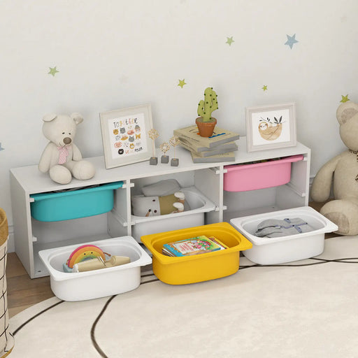 Children's room with storage bins and toys on a shelf
