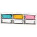 Colorful bowls in a white storage unit on a white background