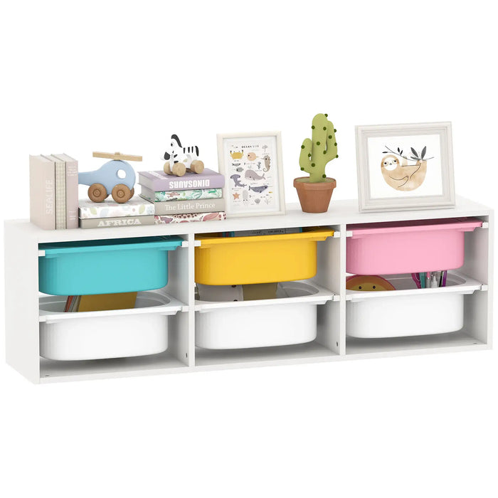 White shelf with colorful storage bins and decorative items on a white background