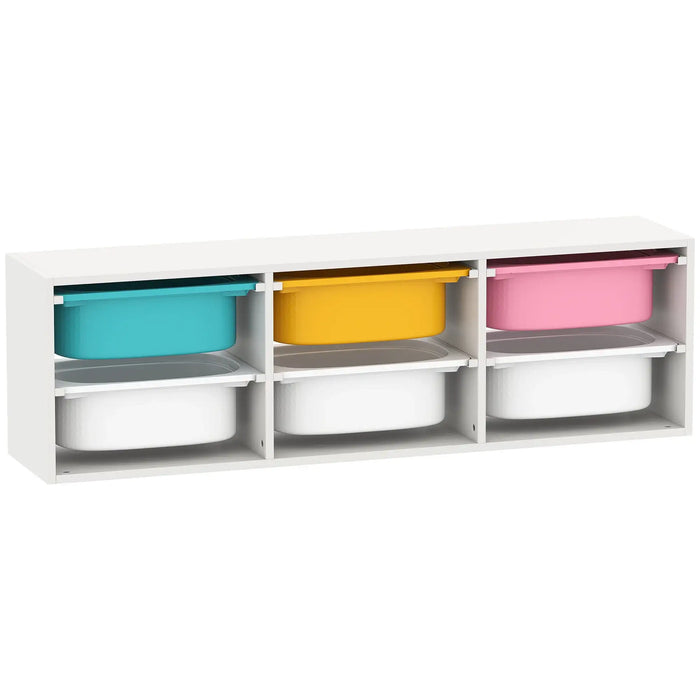 White storage unit with colorful bins on a white background