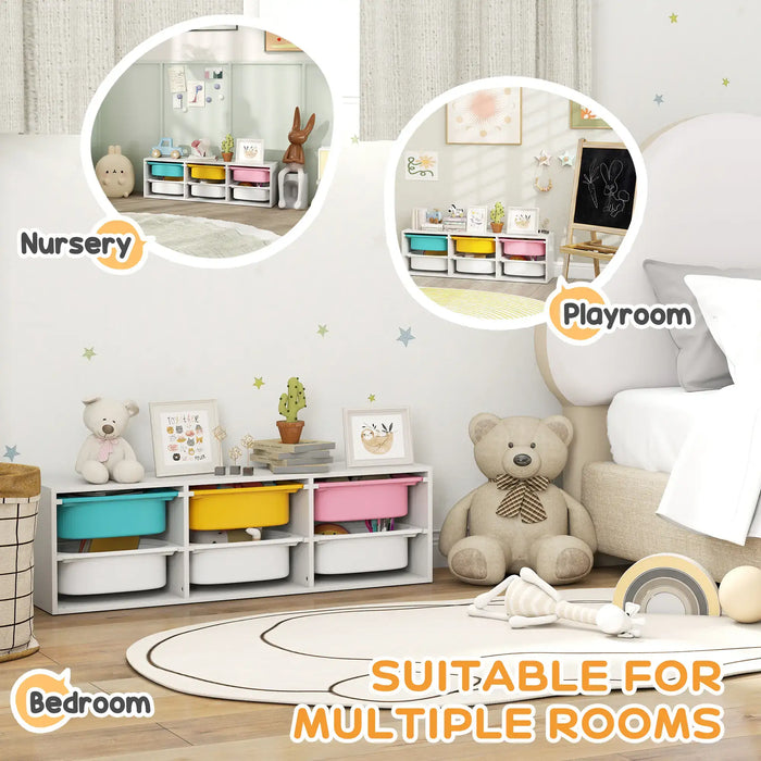 Children's room with storage units, toys, and decor suitable for a nursery, playroom, and bedroom.